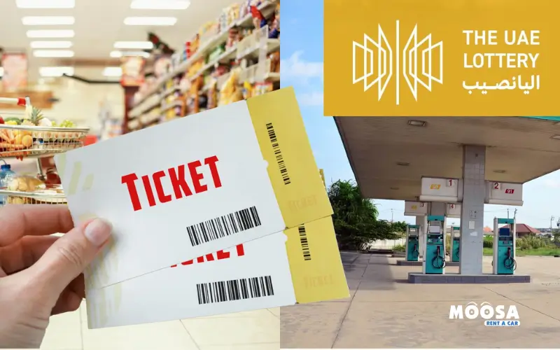 A hand holds UAE lottery tickets for sale outside a grocery store and gas station, promoting the lottery and Rent a Car