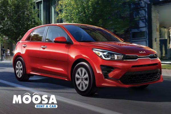 2019 Kia Rio Hatchback available for rent in Dubai, showcasing its sleek design and urban appeal.